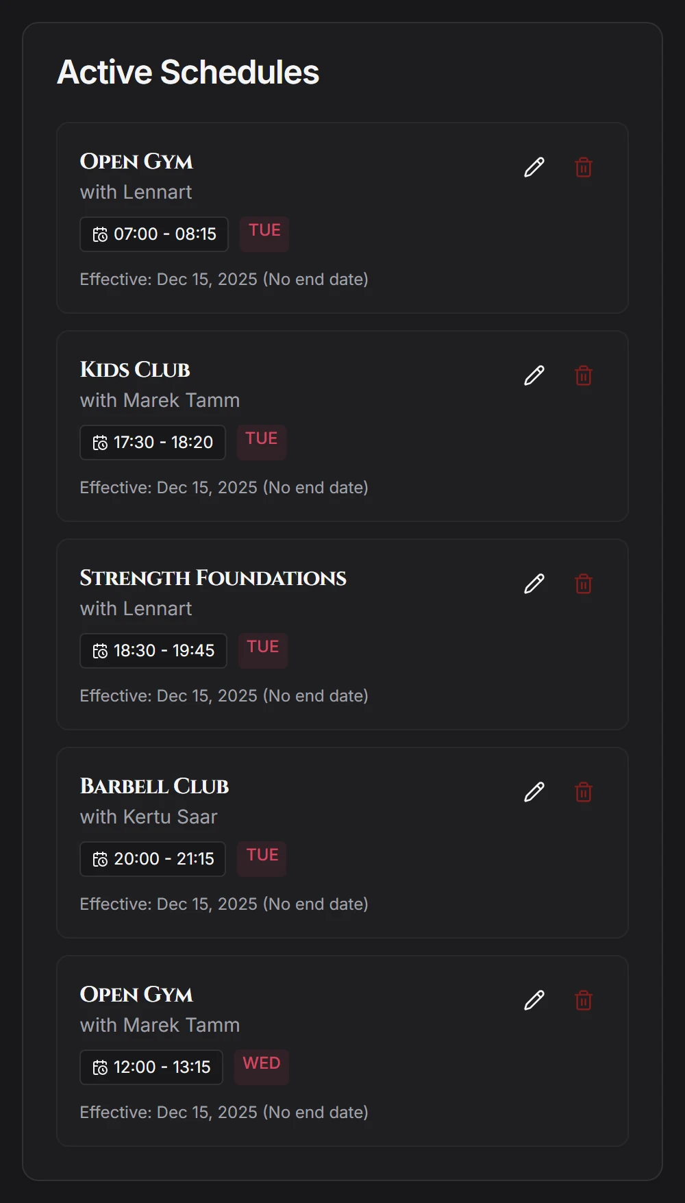 Active schedules list showing recurring classes with instructors, times and days