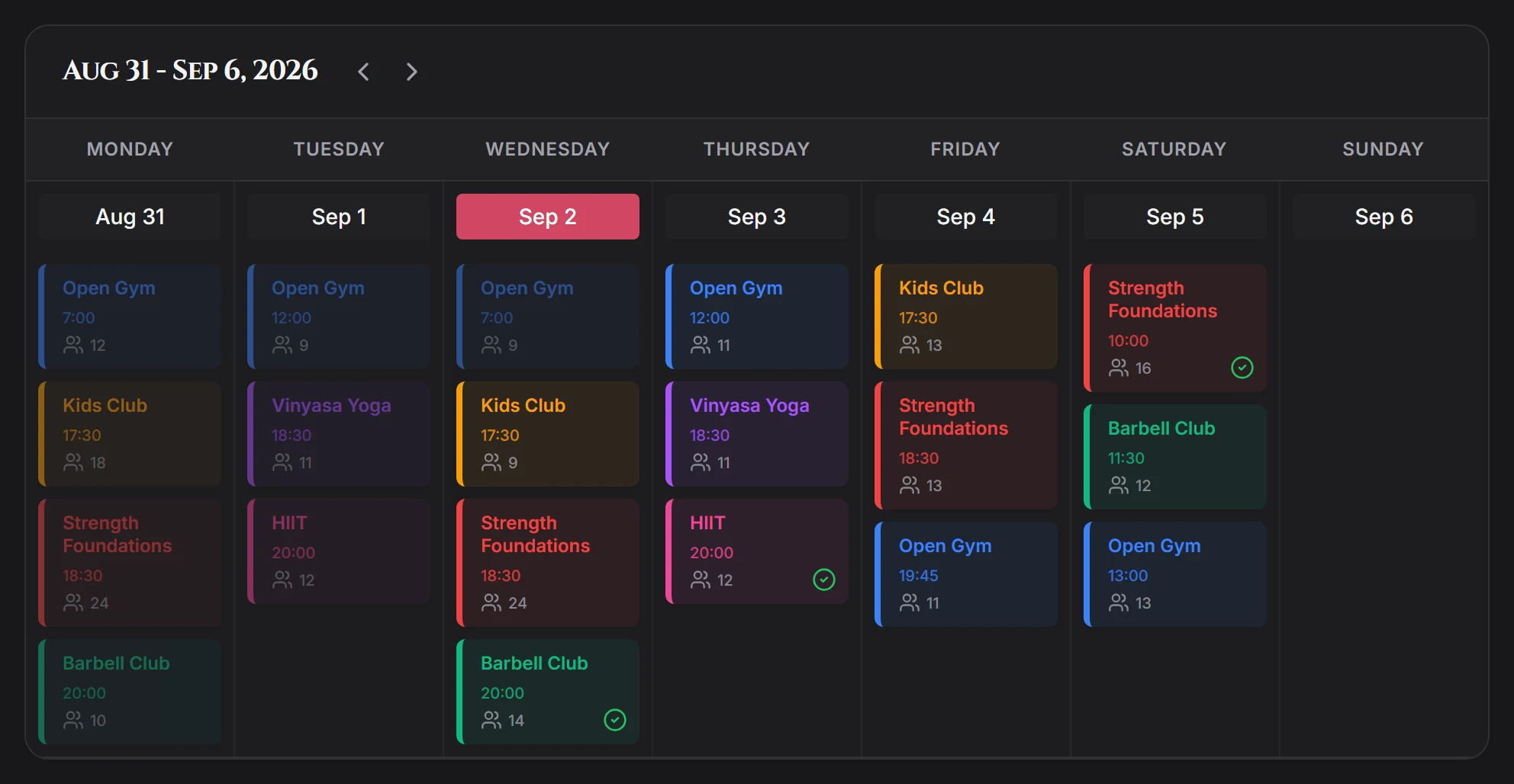 Weekly class schedule showing six class types across Monday to Saturday with booked headcounts