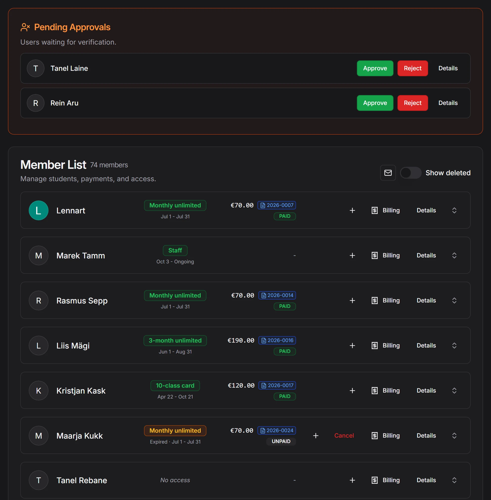 Member list showing pending approvals and members with their membership status