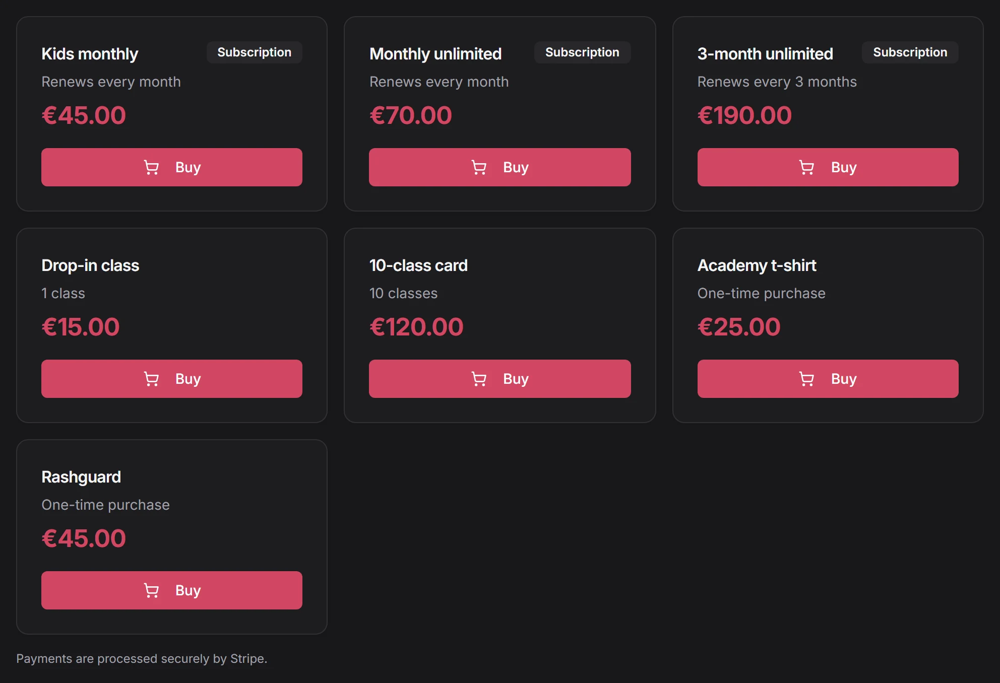 Dojo store showing memberships, class cards, drop-ins and merchandise with prices